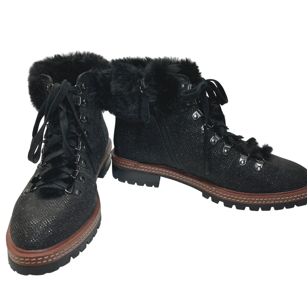 Kate Spade NY Rosalie Sparkly Black Leather‎ Ankle Boots SZ 9 Faux Fur NWOB